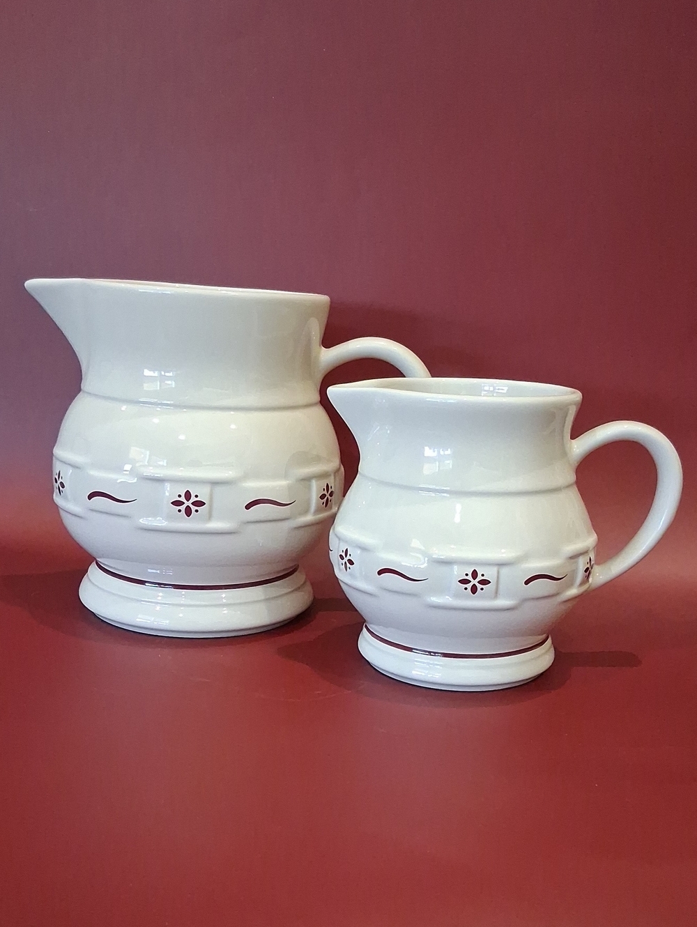 Vintage Set of 2 Red LONGABERGER Woven Traditions Heritage Pitcher 32 oz & 64 oz